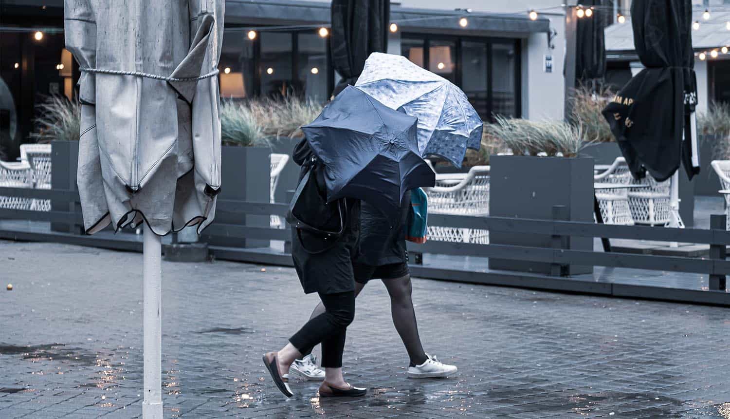 Girls take shelter with umbrellas from rain and strong wind showing cyber insurance inadequate to cover ransomware payments