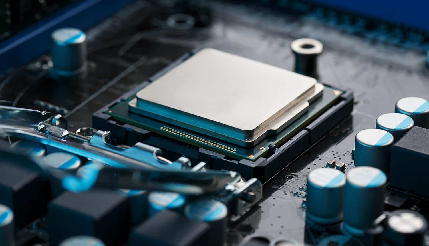 Close-up of CPU chip showing Intel Alder Lake source code leak