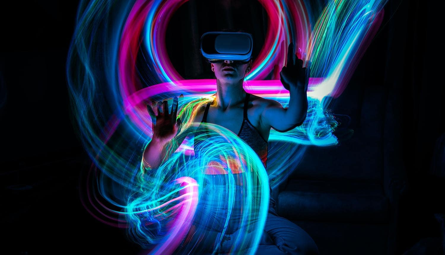 Woman in VR glasses showing metaverse security