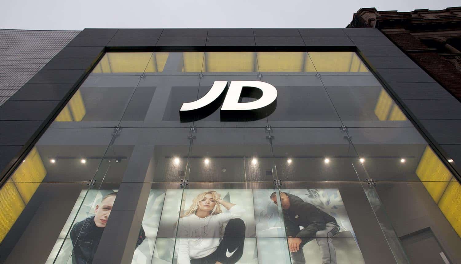 Logo on the front of the JD sports store showing customer data stolen in cyber attack
