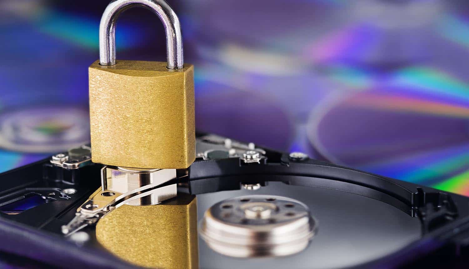 Lock on hard disk showing encrypted backups and encryption key
