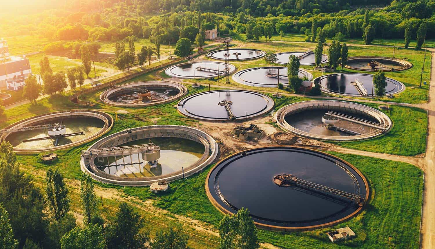 Aerial view of wastewater treatment plant showing cybersecurity requirements for public water systems