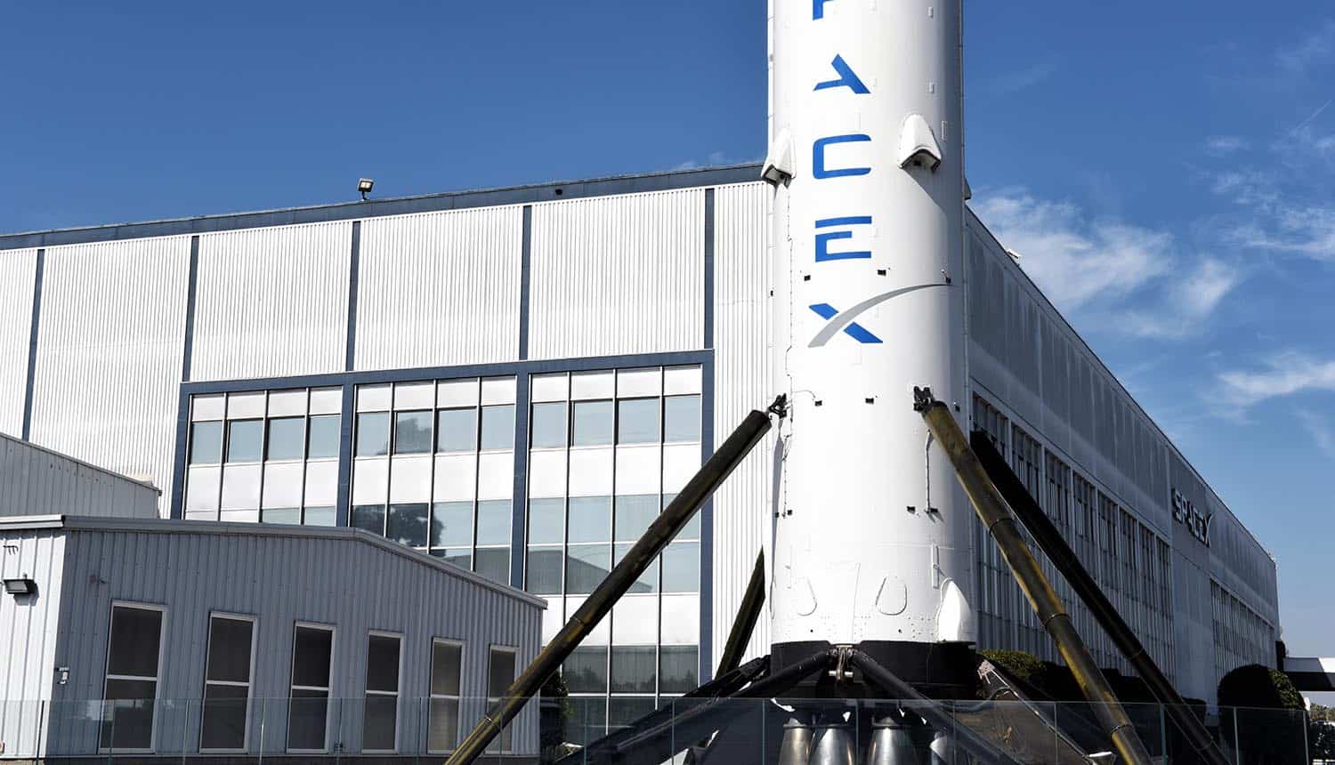 Closeup of a Falcon 9 Booster rocket at SpaceX showing LockBit ransomware breach of third party vendor