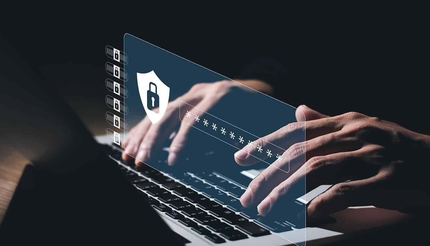 Hands typing in virtual screen showing password manager security exploit reveals master password
