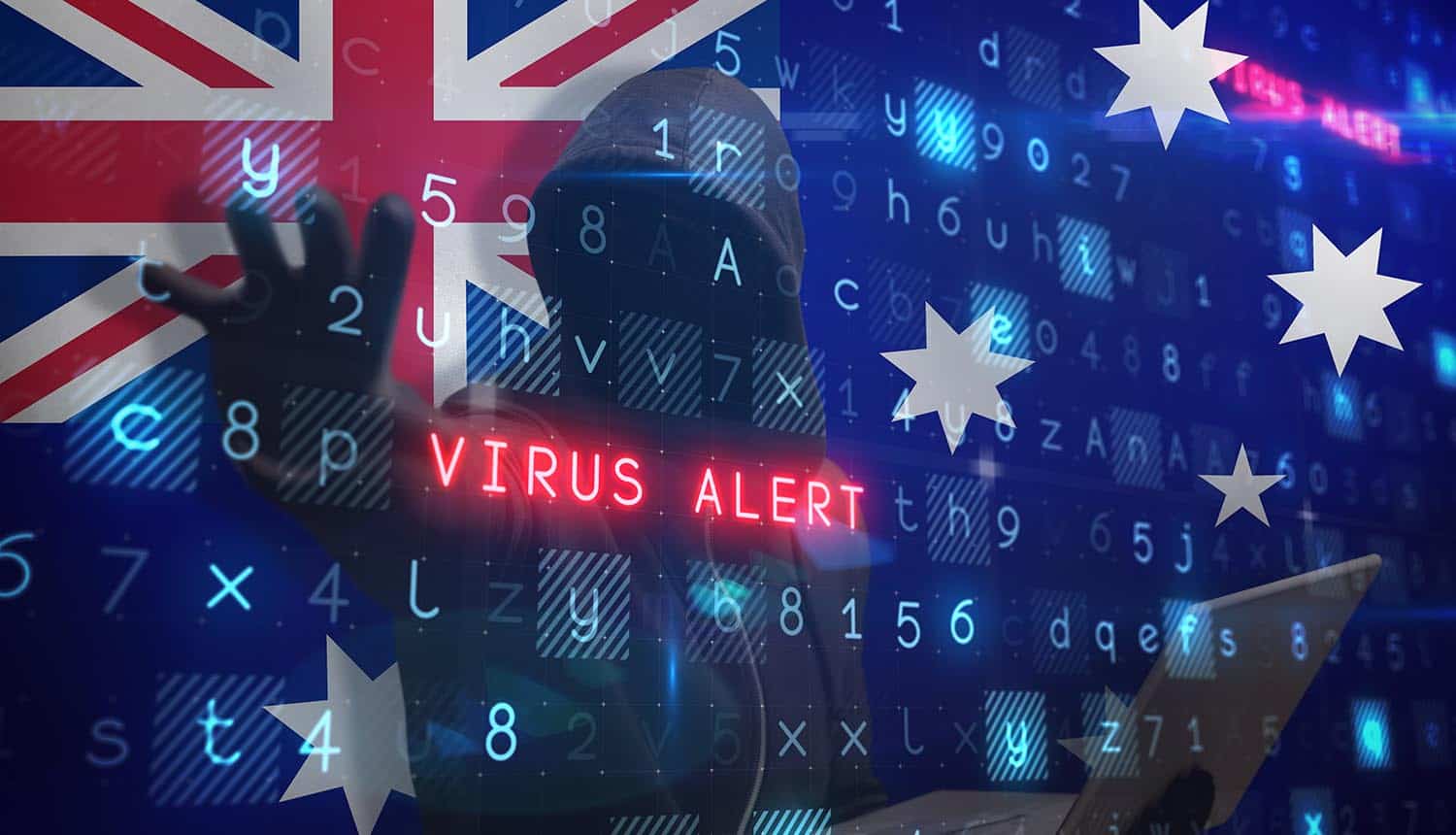 Hacker holding laptop while gesturing against Australia flag showing law firm data breach
