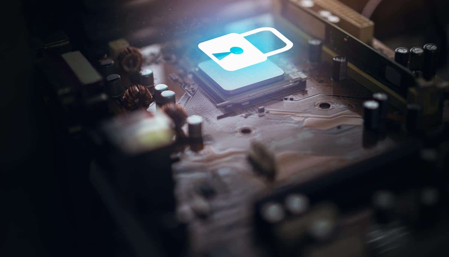 Lock icon on motherboard showing firmware backdoor in Gigabyte motherboard