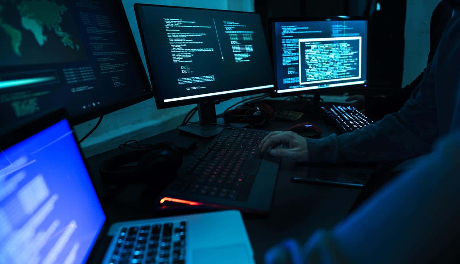 Hacker working on machines showing Verizon DBIR and social engineering and ransomware
