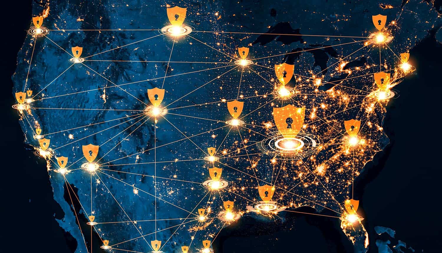 Virtual shields over map showing cybersecurity strategy implementation plan