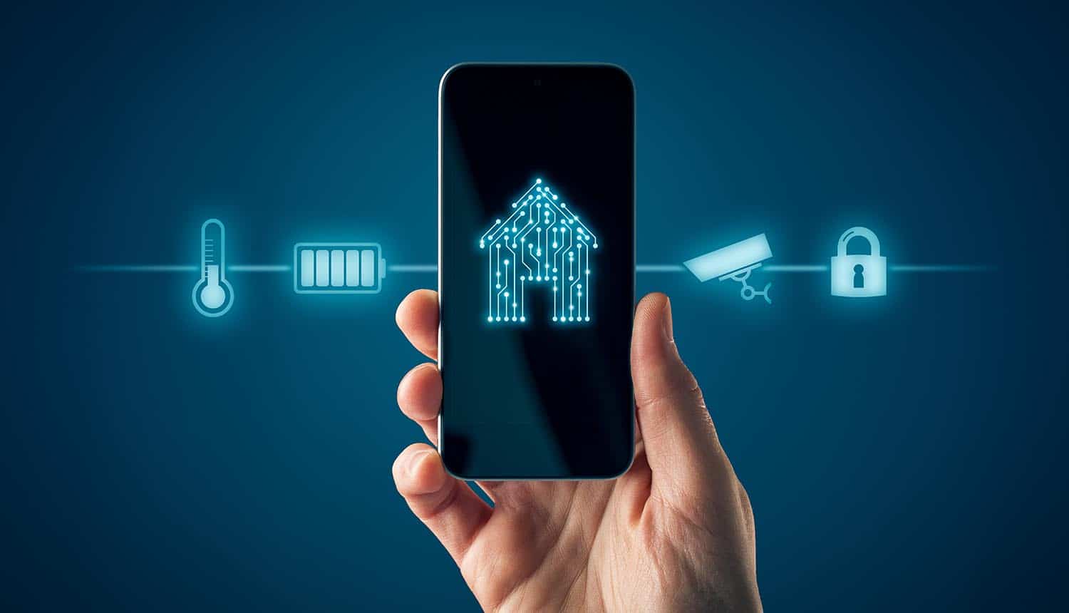 Smart home app on phone showing U.S. Cyber Trust Mark for smart devices