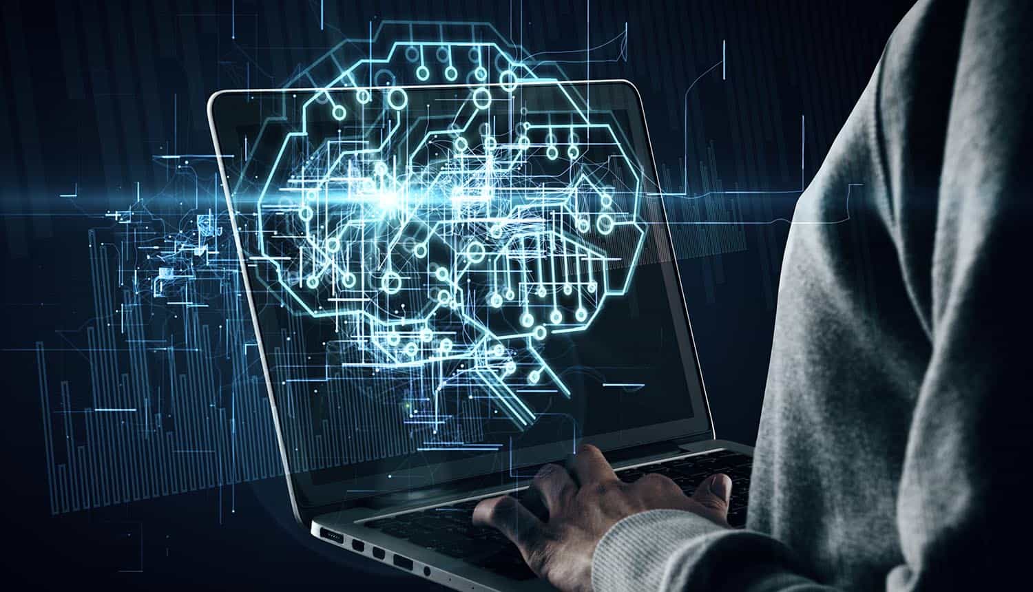 Hands using laptop with glowing circuit brain showing Microsoft AI researchers data leak