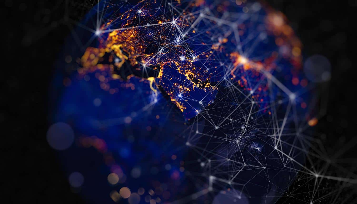 Global world network on earth showing DDoS attacks using zero-day vulnerability