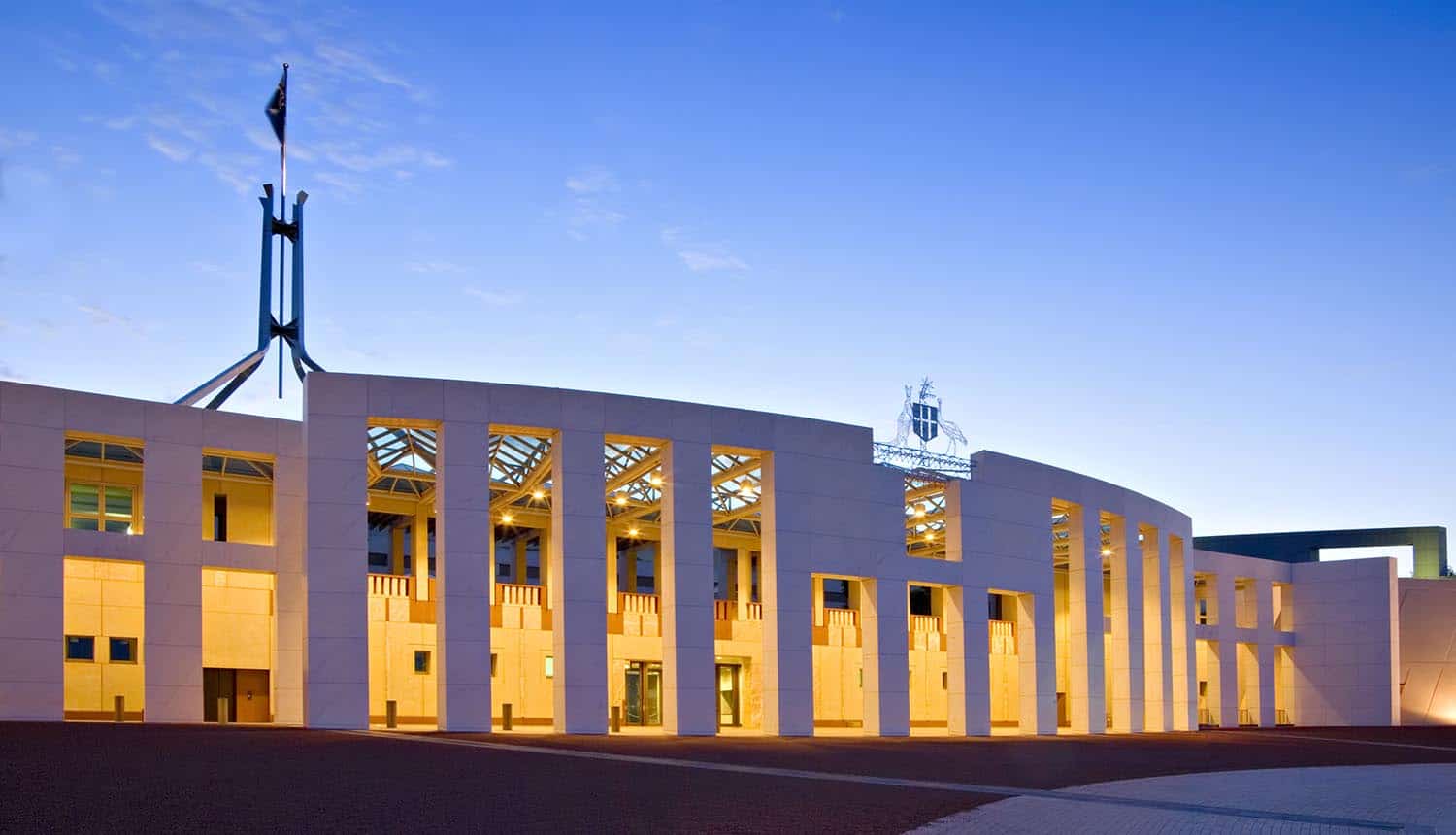 Australia Parliament House at twilight showing cybersecurity plan