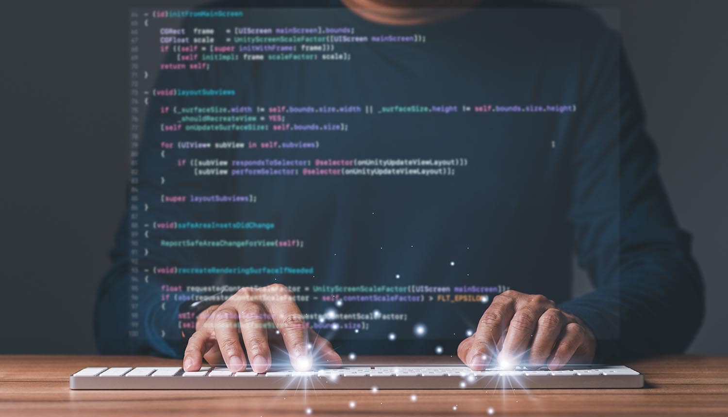 AI developer working on code showing cyber threats
