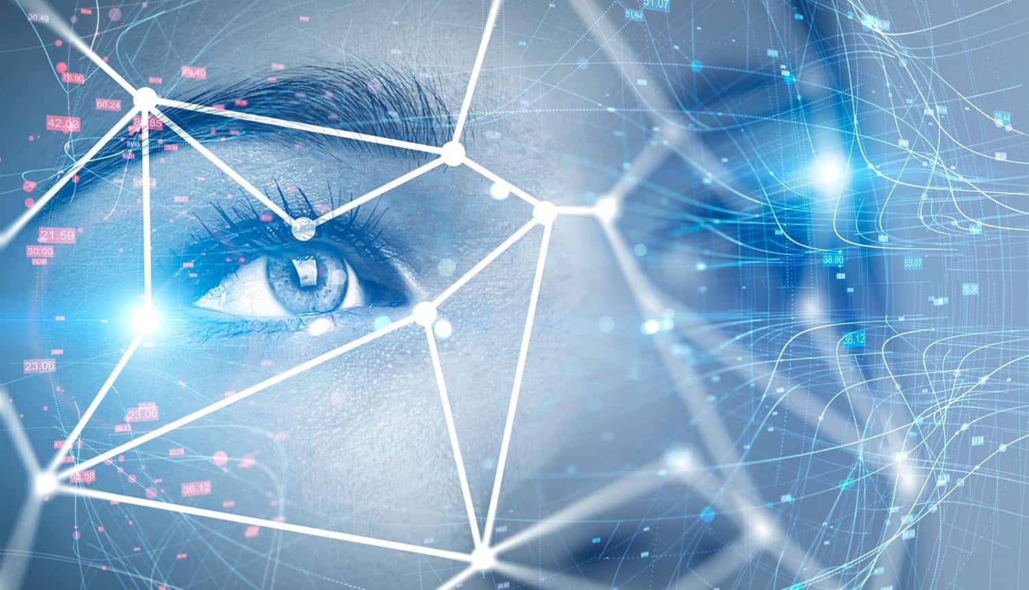 Close up of woman face with face recognition technology showing trojan malware targets facial data