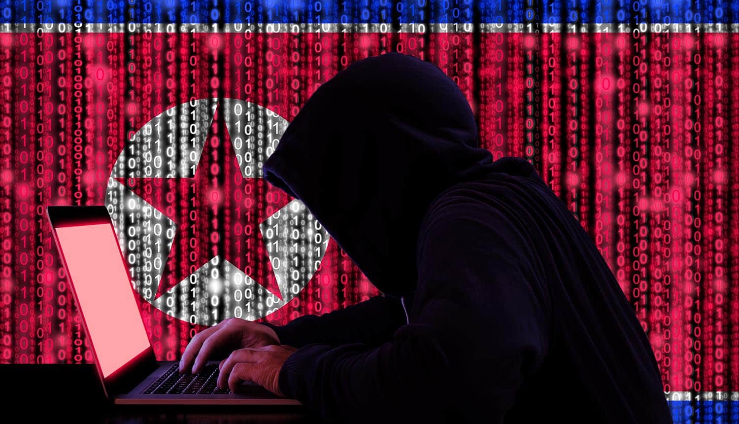 North Korean hacker sitting in front of flag showing ransomware attacks