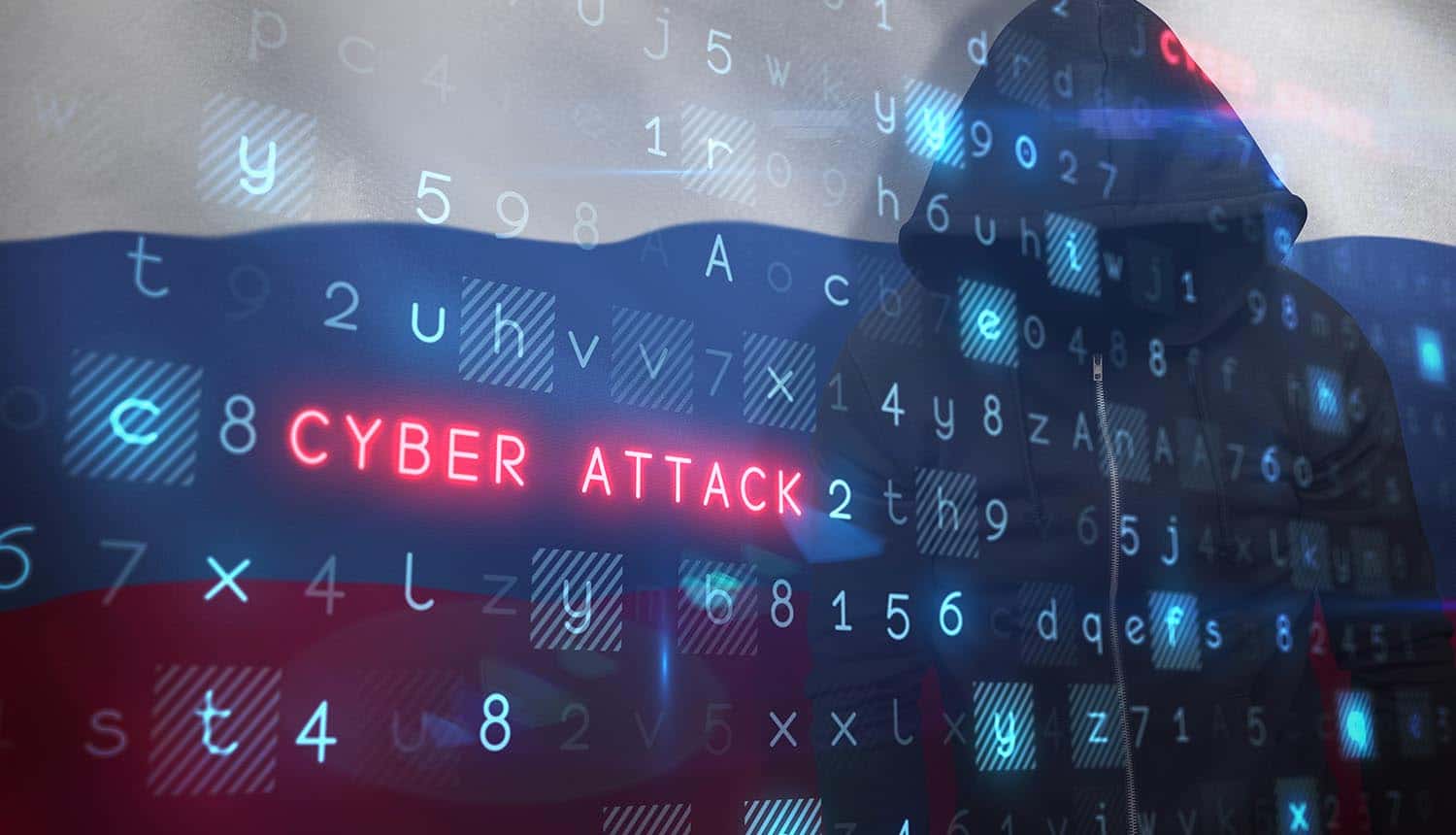 Russian hacker against digital flag showing cyber attacks against critical infrastructure