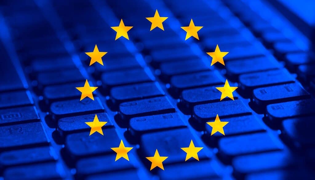 EU flag and keyboard showing Euro banks and AI security risks