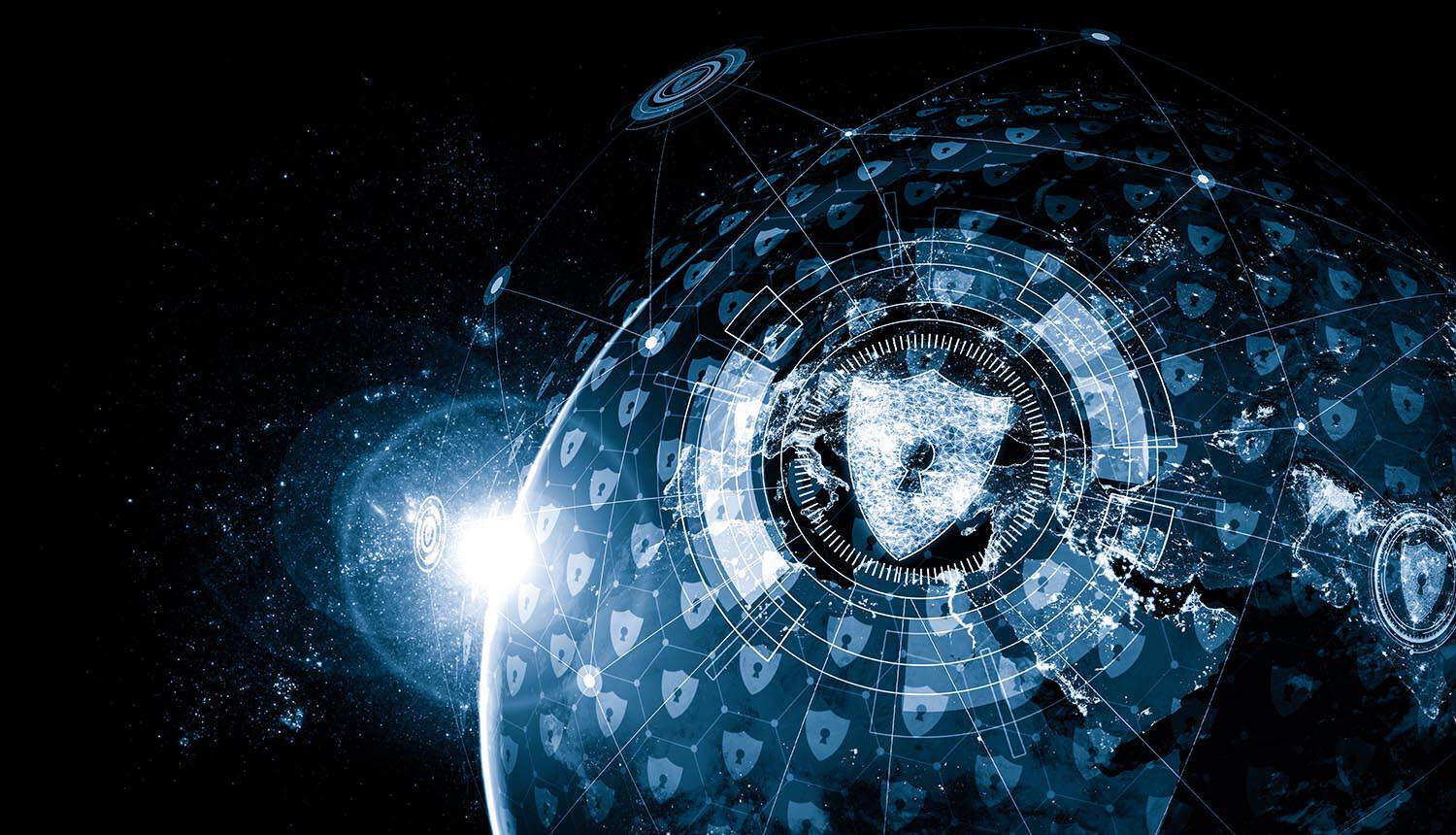 Digital shields over globe showing AI cyber defense