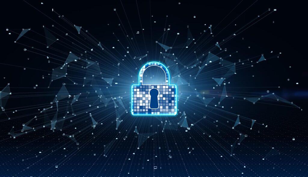 Lock on digital landscape showing AI safety rules